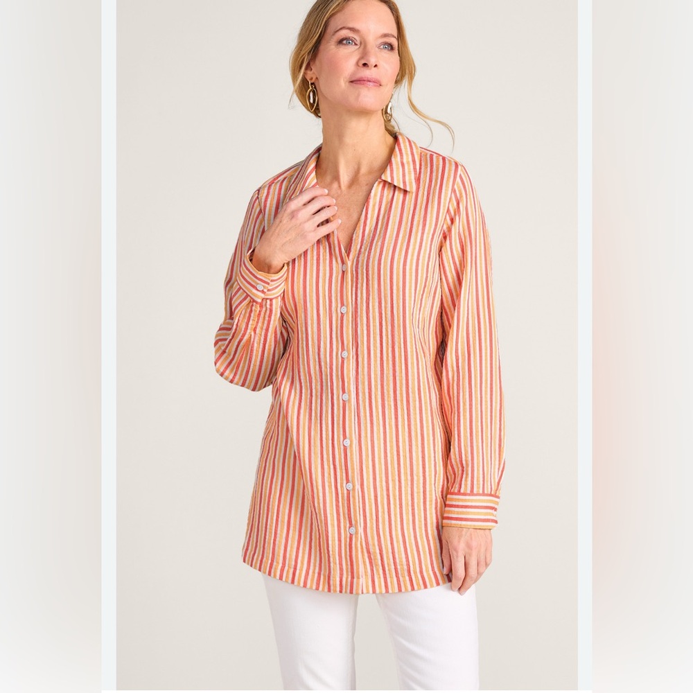 Soft Surroundings Escambia Striped Lightweight Gauze Button Down Tunic Size Sm